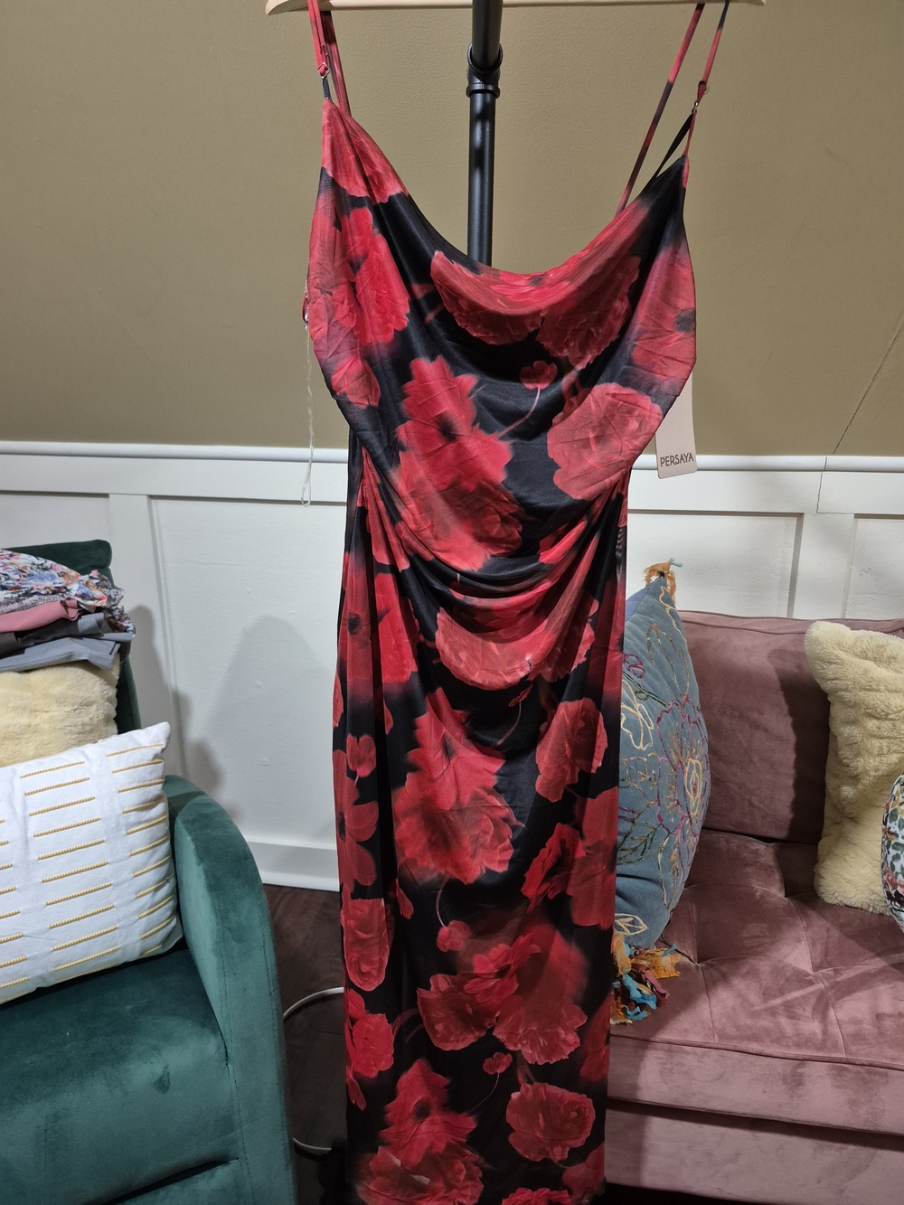 Persaya Black Maxi Slip Dress with Red Floral Print